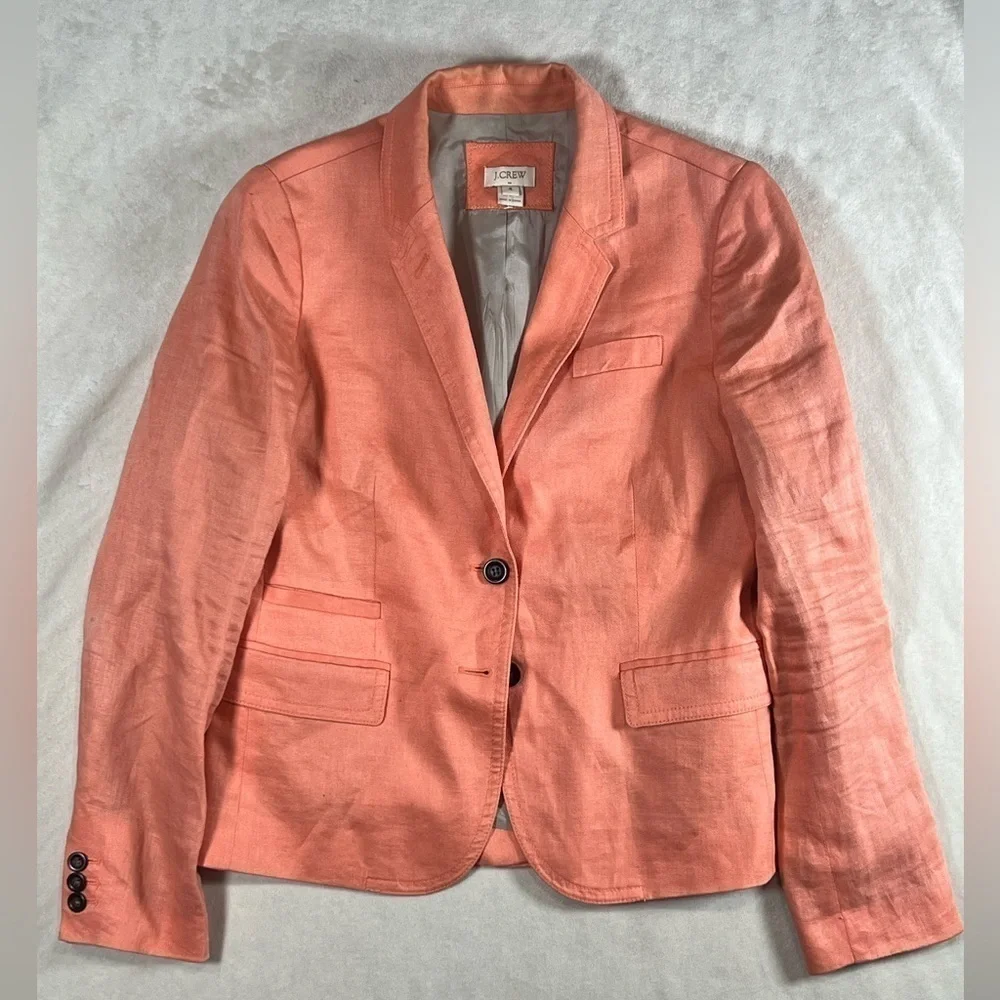 J Crew Size 4 Coral 100% Linen Woman’s Blazer Sport Coat Chic Lightweight Pastel